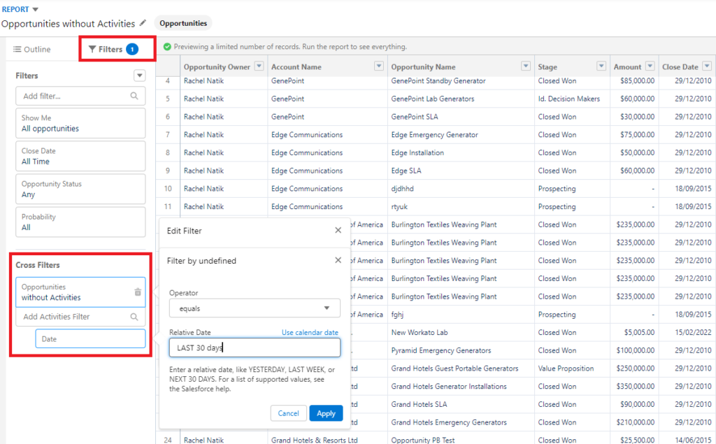 Salesforce report using cross-filters to query opportunities without accounts